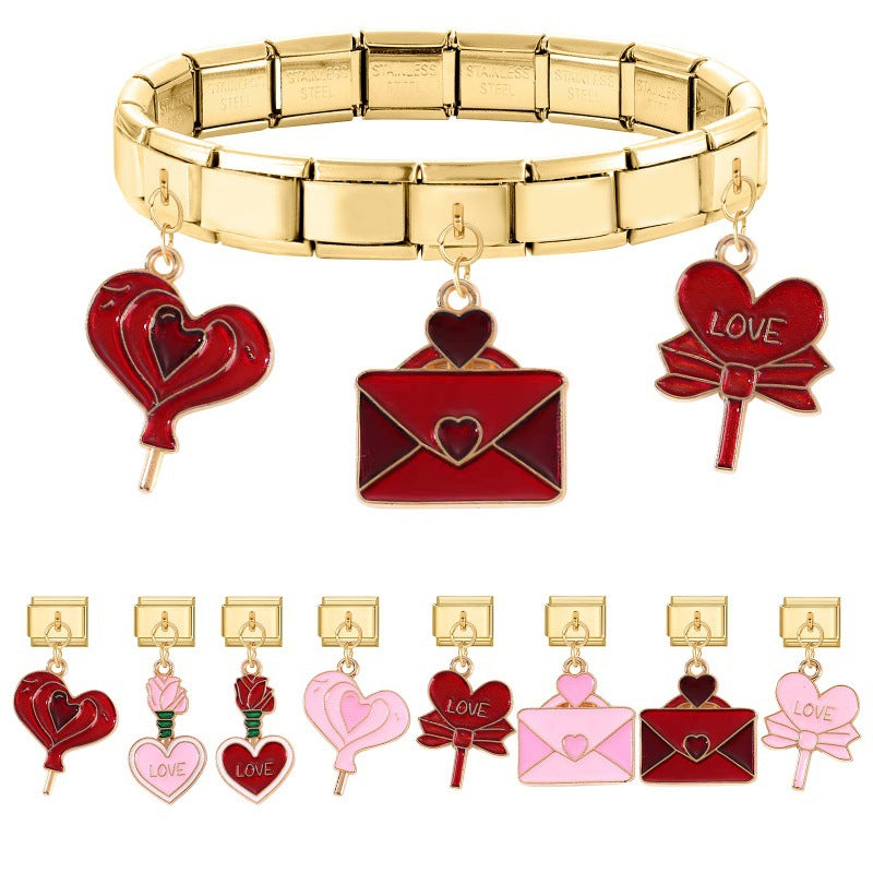 Wholesale Italian Charm Bracelet 9mm DIY Splicing Gold Heart Envelope Series Stainless Steel Composable Bracelet