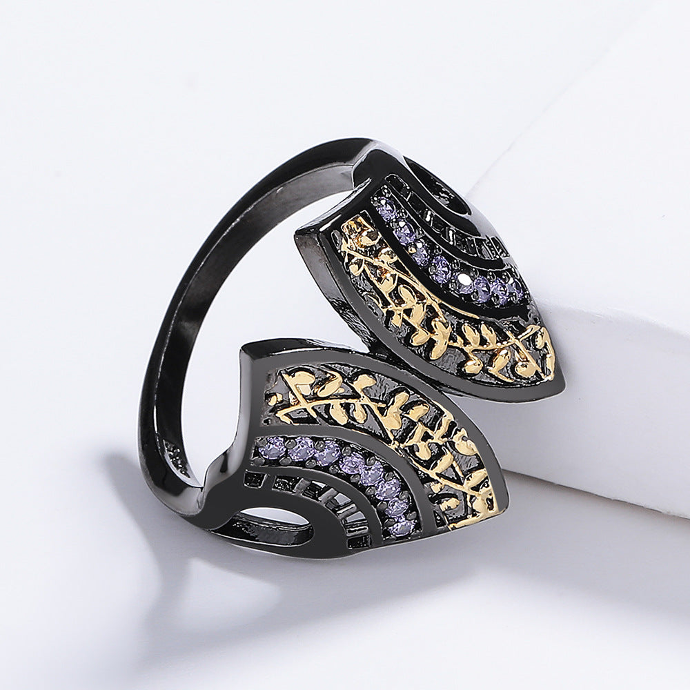 Wholesale  black gold two-tone fan-shaped blue zircon ring