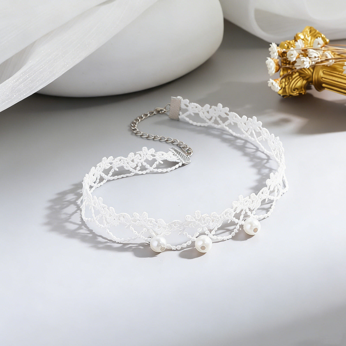 Wholesale Sweet Style White Lace Pearl Tassel Choker Necklace - Boutique Resale
