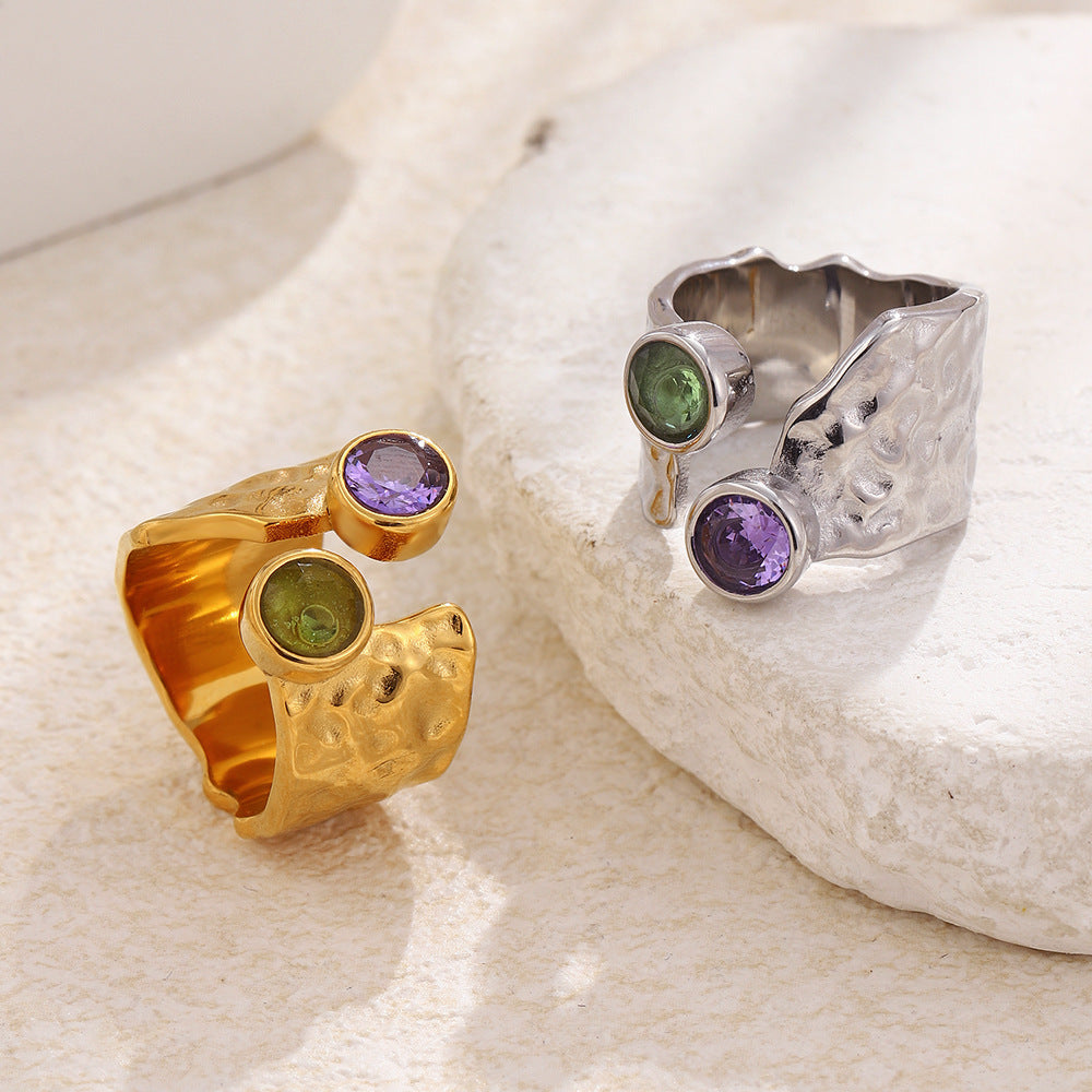 Wholesale Niche Retro Hammered Open Ring Stainless Steel 18K Plated Colorful Women' s Chic Everyday Accessory