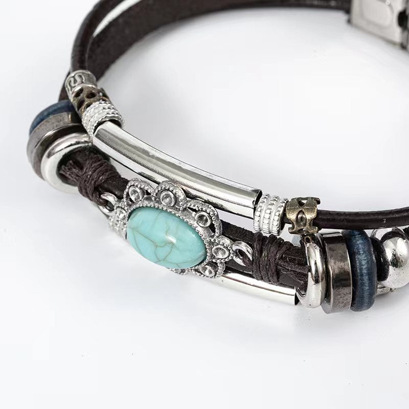 Wholesale 3PCS Leather multi-layered turquoise bracelet