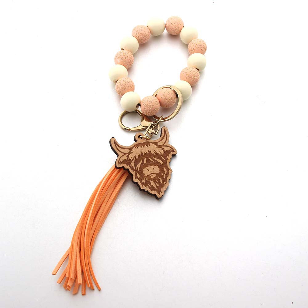 Wholesale Western Style Cow Tassel Wood Beads Beaded Wristlet Keychain ACC-KC-JinAn014