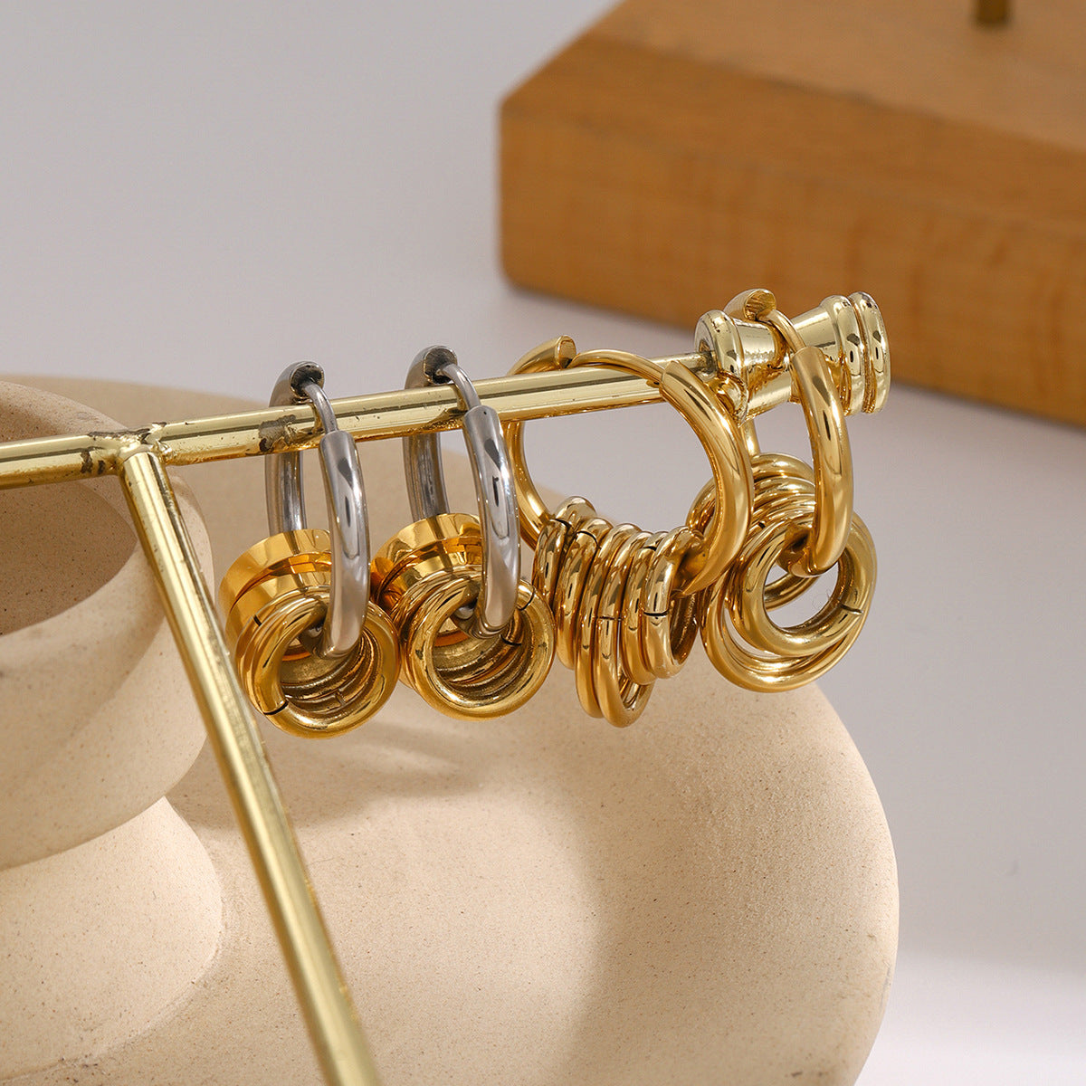 Wholesale  Stainless steel 18K gold color matching smooth steel ring earrings