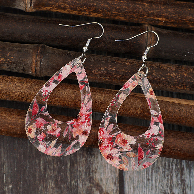 Wholesale hollow water drop printing flower acrylic ladies earrings