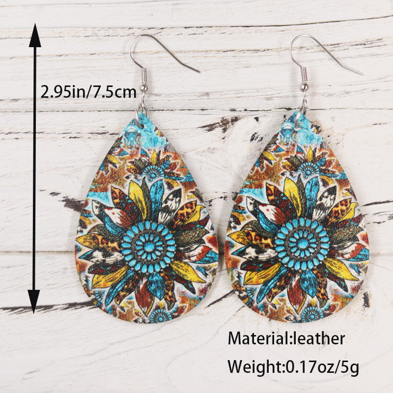 Wholesale Bohemian Style Old Vintage Sunflower  Teardrop Shape PU Leather Earrings
