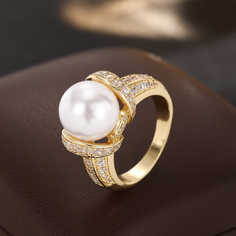 Wholesale Elegant Zircon Pearl Gold Plated Ring For Women Stylish Wedding Jewelry Fashion Accessory Boutique Resale