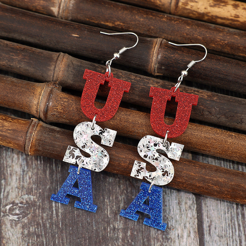 Wholesale  Independence Day Trendy Acrylic Usa Fine Glitter Letter Splicing Earrings