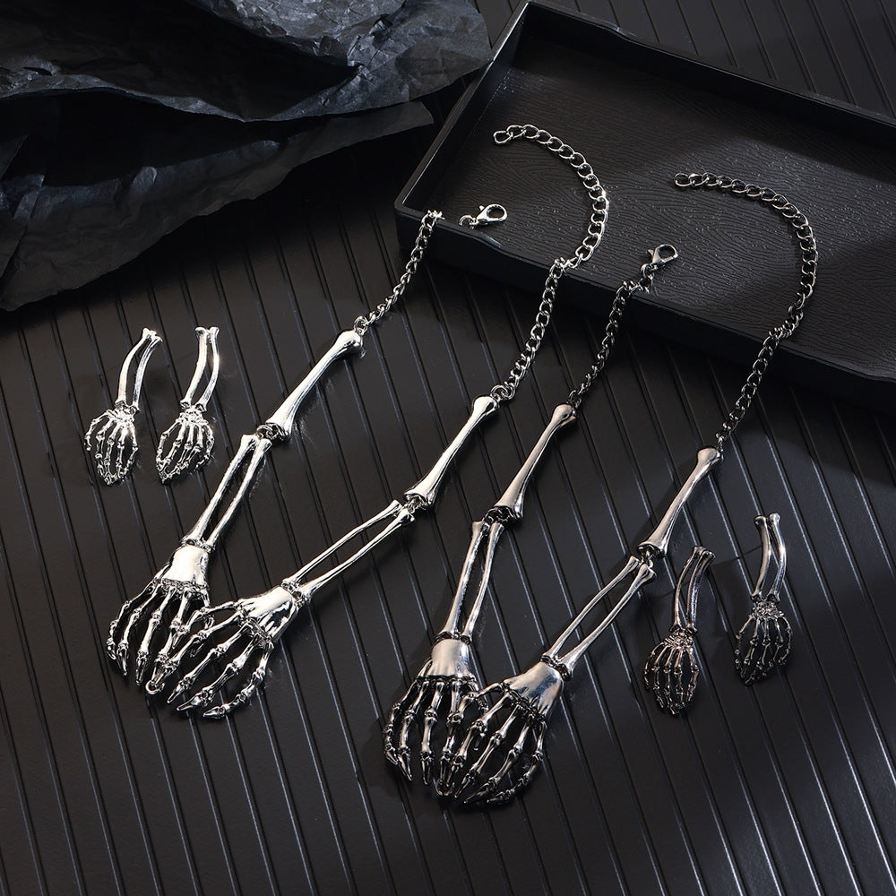 Wholesale Silver Tone Skeleton Hand Necklace and Earrings Set  Fashion Jewelry Accessory