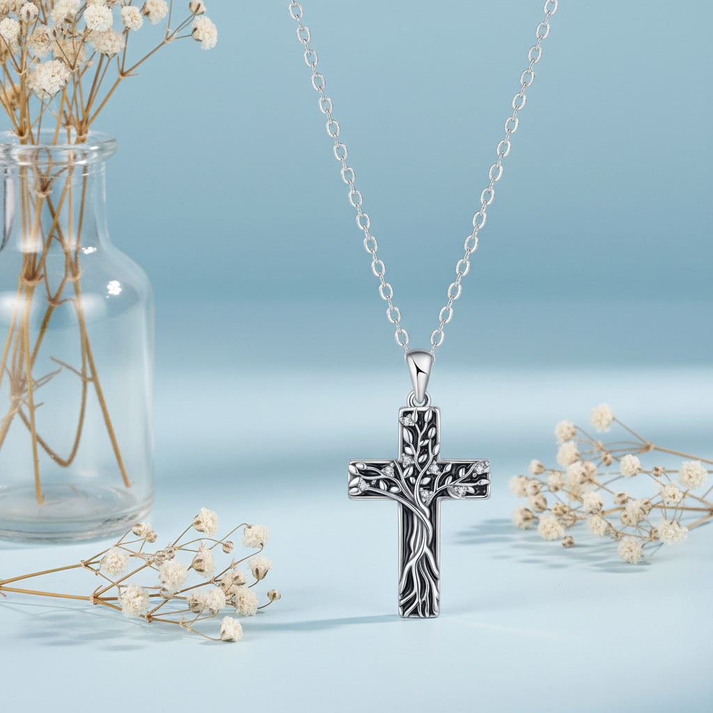 Wholesale Vintage Cross Tree of Life Zircon Pendant Necklace Copper Jewelry Boutique Resale