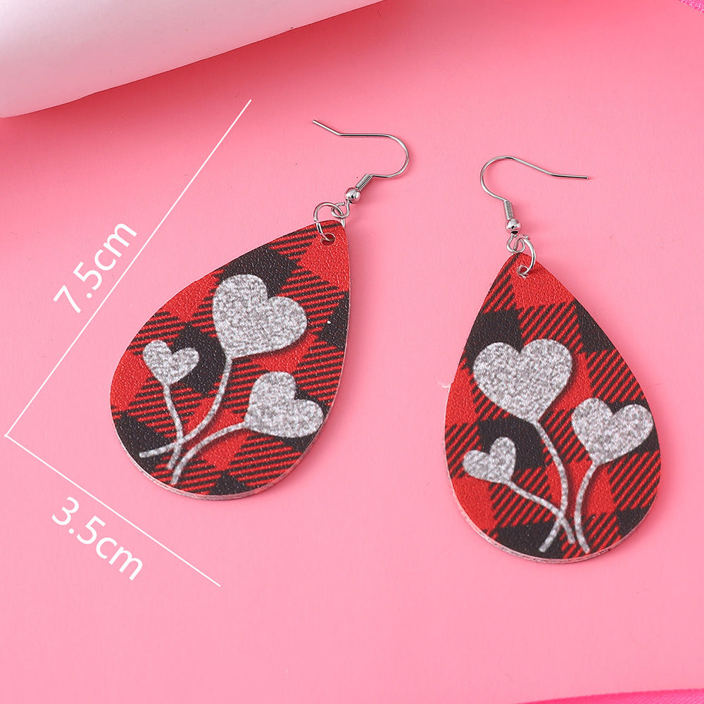 Wholesale Valentine's Day Plaid Love Water Drop Leather Double Sided Earrings