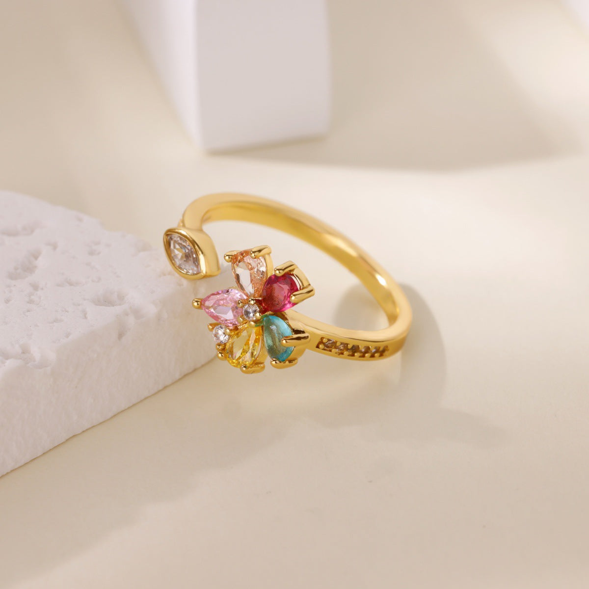 Wholesale Gold Plated Heart Shape Open Ring with Multicolor Zircon - Boutique Resale Jewelry Accessory