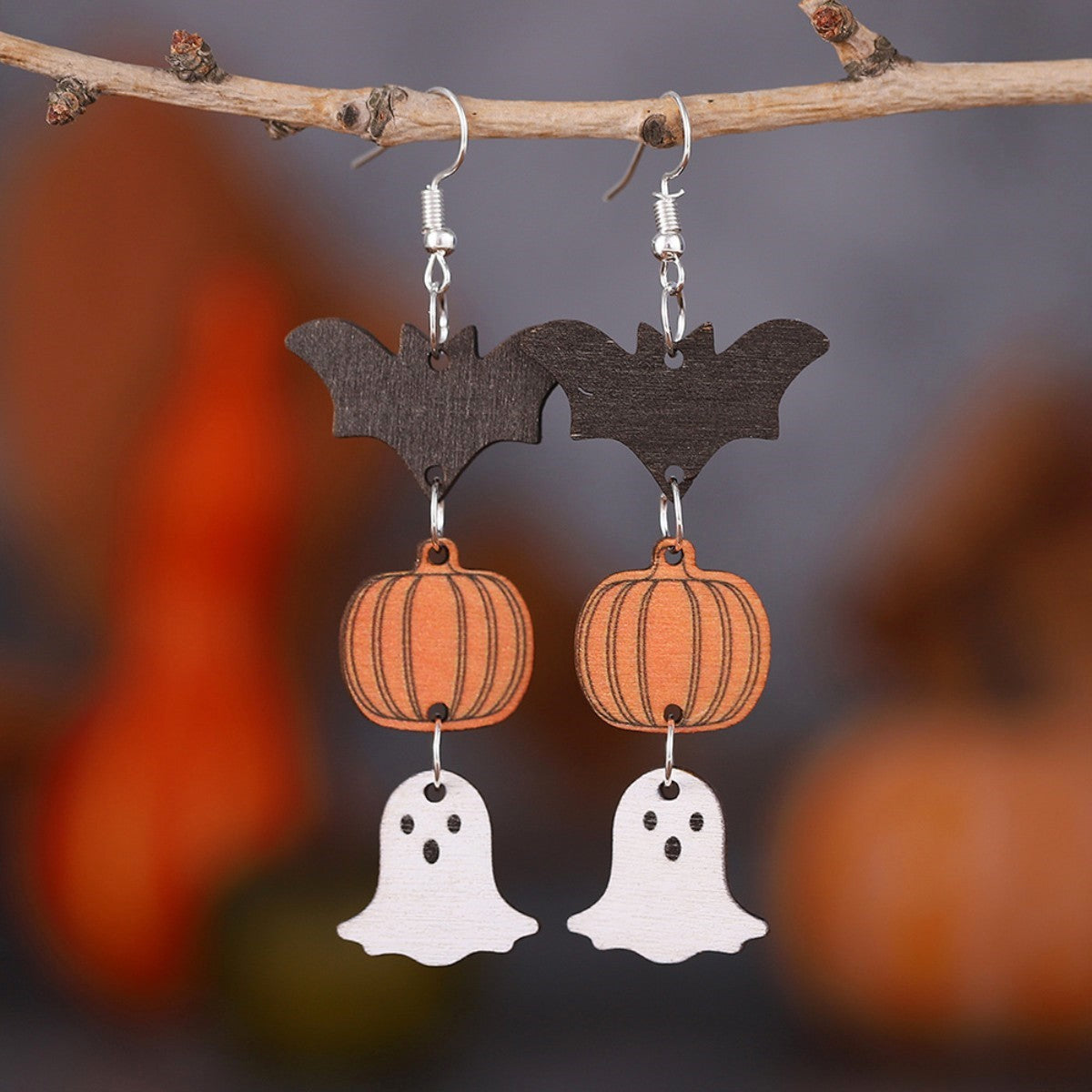 Wholesale wood ghost pumpkin bat earrings