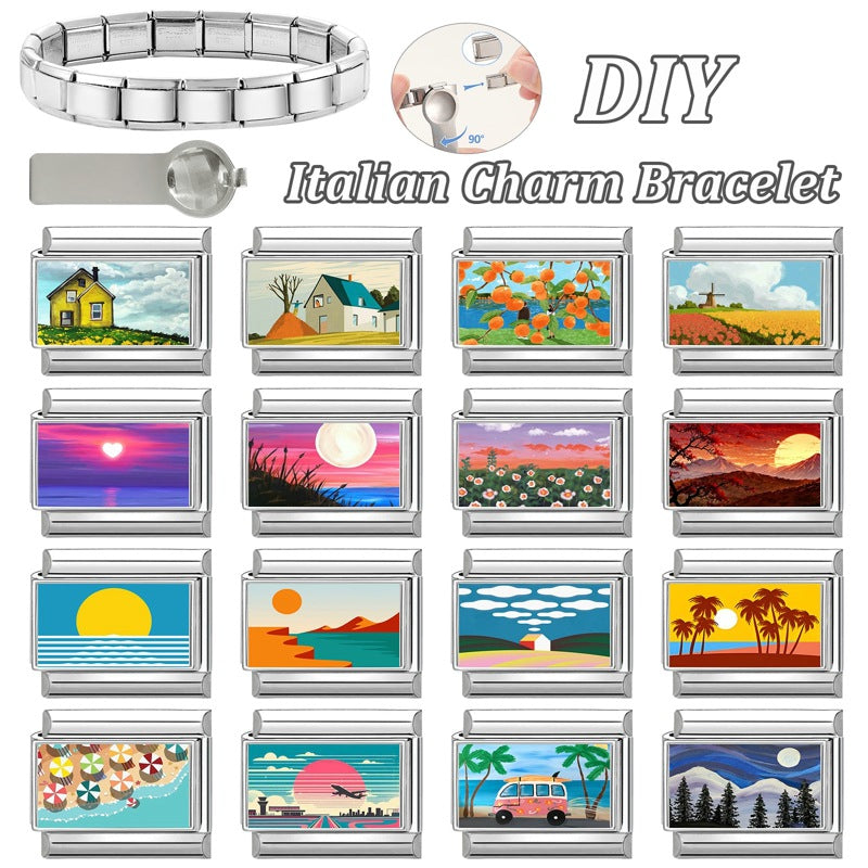 Wholesale Italian-Style Landscape Charm Stainless Steel Bracelet Jewelry Accessory