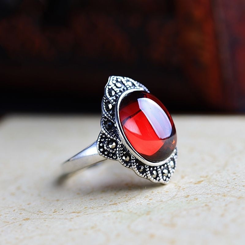 Wholesale Copper Red Stone Ring,  Floral Carved Adjustable Fashion Jewelry Accessory for Women Boutique Resale