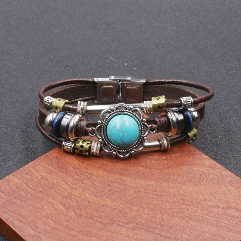 Wholesale Handwoven Leather Turquoise Bracelet Men Unisex Trendy Jewelry Accessory
