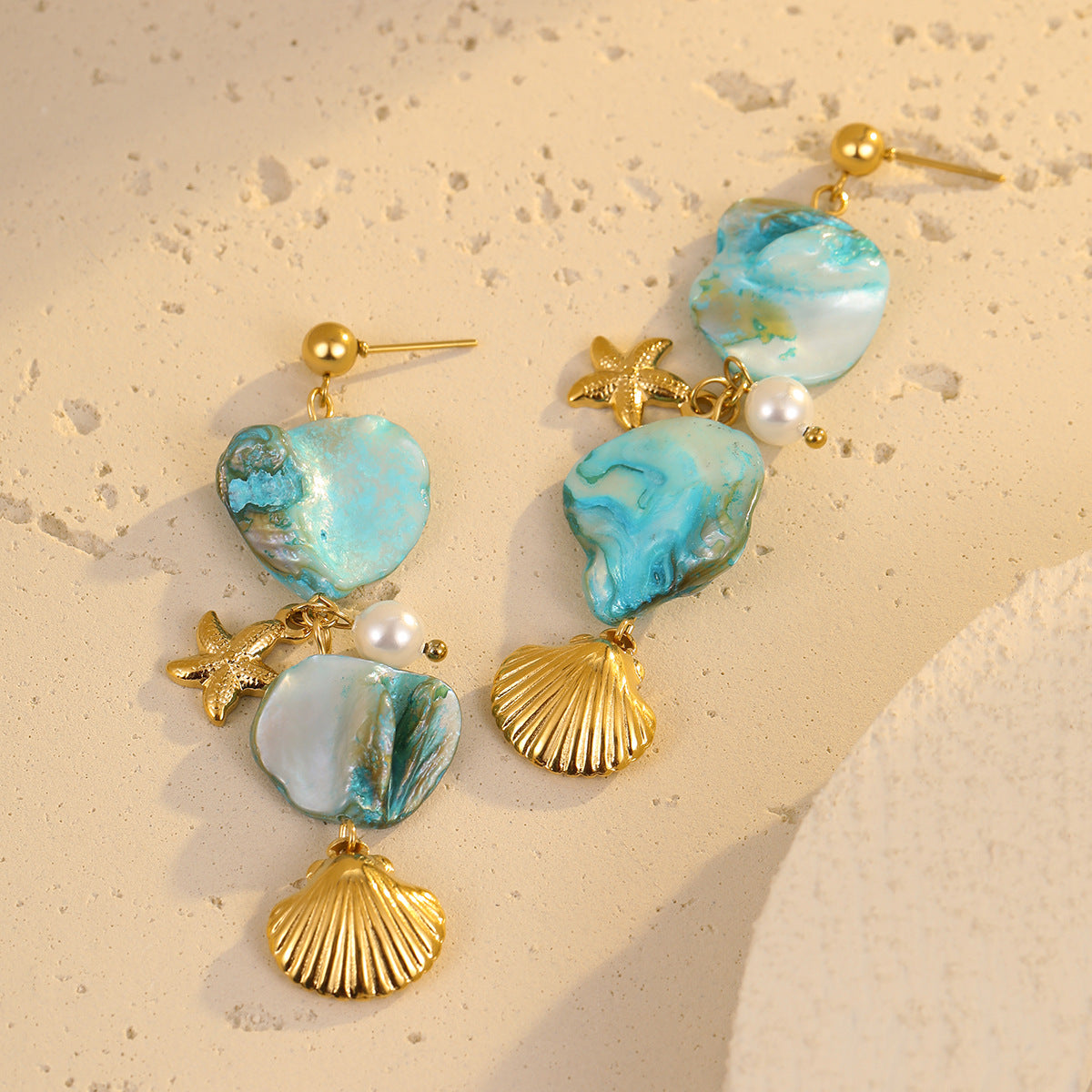 Wholesale Bohemian Beach Style Shell Starfish Stainless Steel Tassel Pearl Pendant Earrings