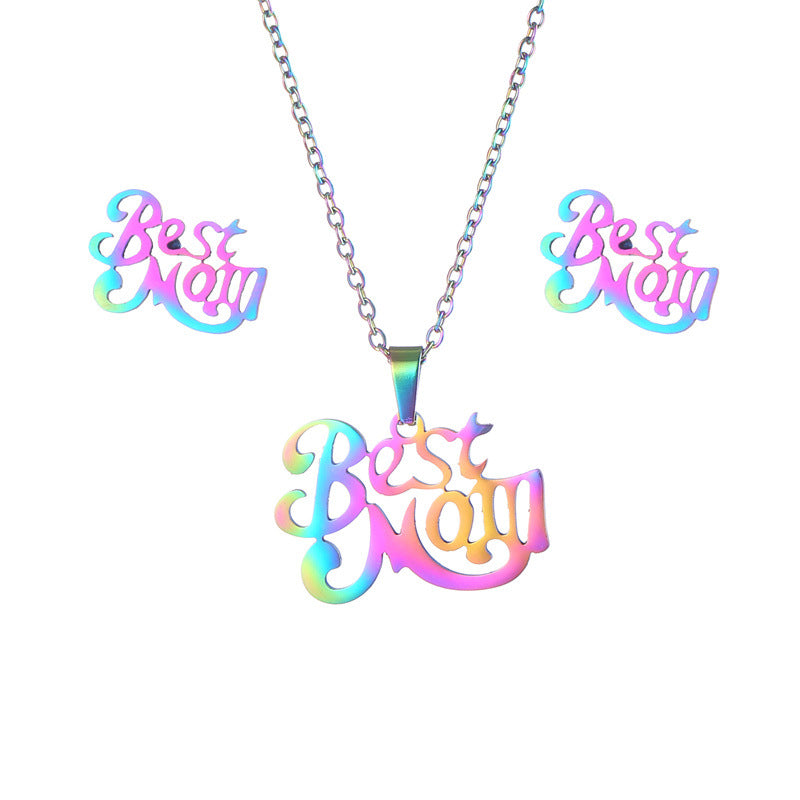 Wholesale Titanium Steel Electroplated Color Best Mom Pendant Stainless Steel Earrings Necklace Set Mother's Day ACC-ES-MinM019