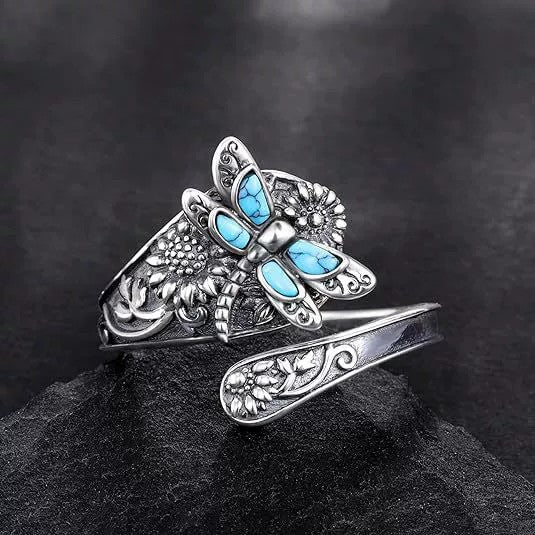 Wholesale Vintage Bohemian Winding Ring with Turquoise Dragonfly and Sunflower Design Women' s Fashion Jewelry Accessory