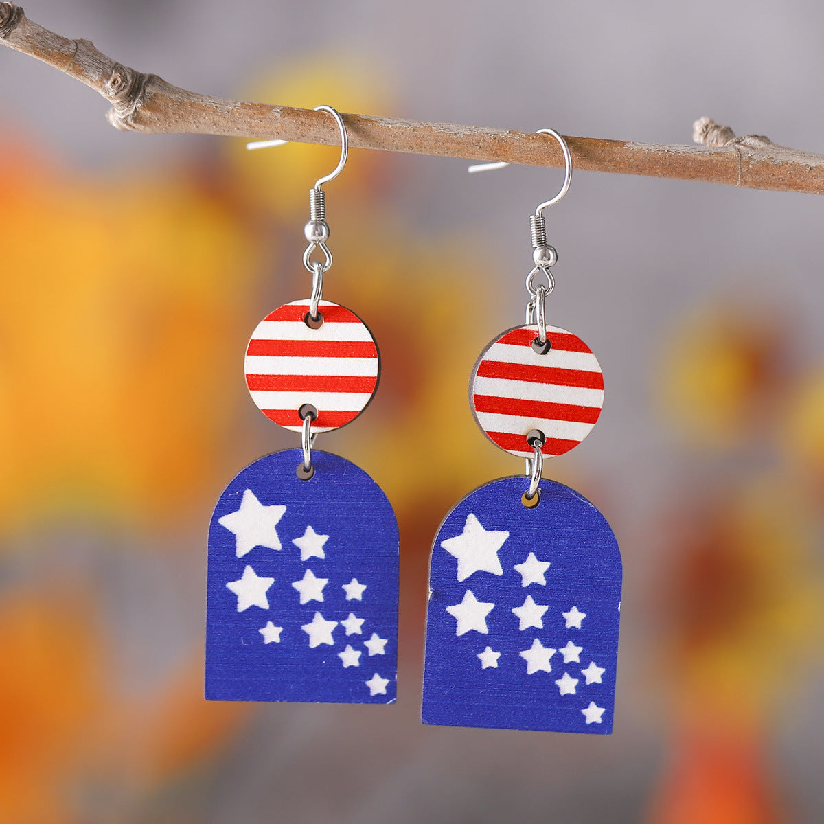 Wholesale of American Independence Day Red, White, Blue Striped Star Ice Cream Patchwork Wooden Double-sided Earrings ACC-ES-ChuLian009