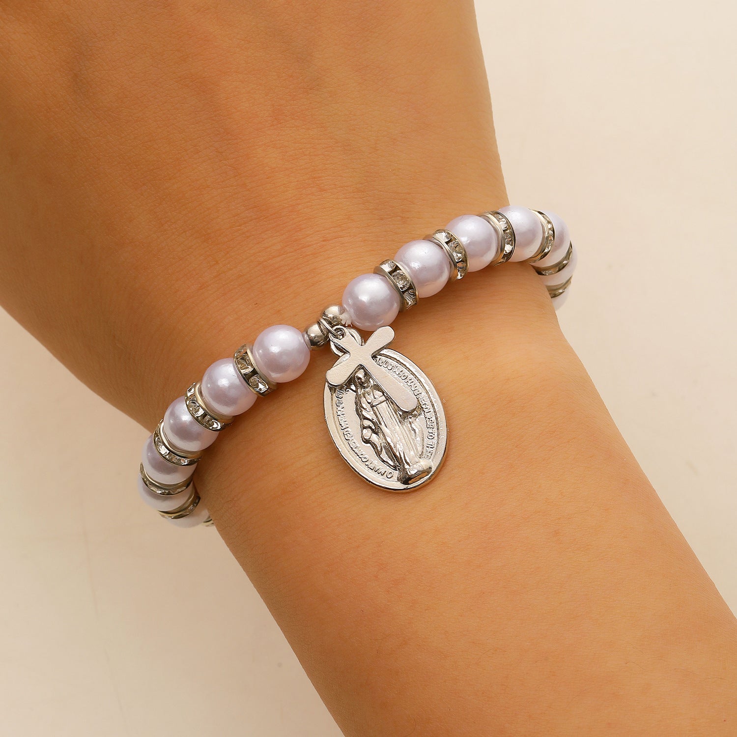 Wholesale Alloy man-made pearl beaded flower and cross Virgin Mary bracelet