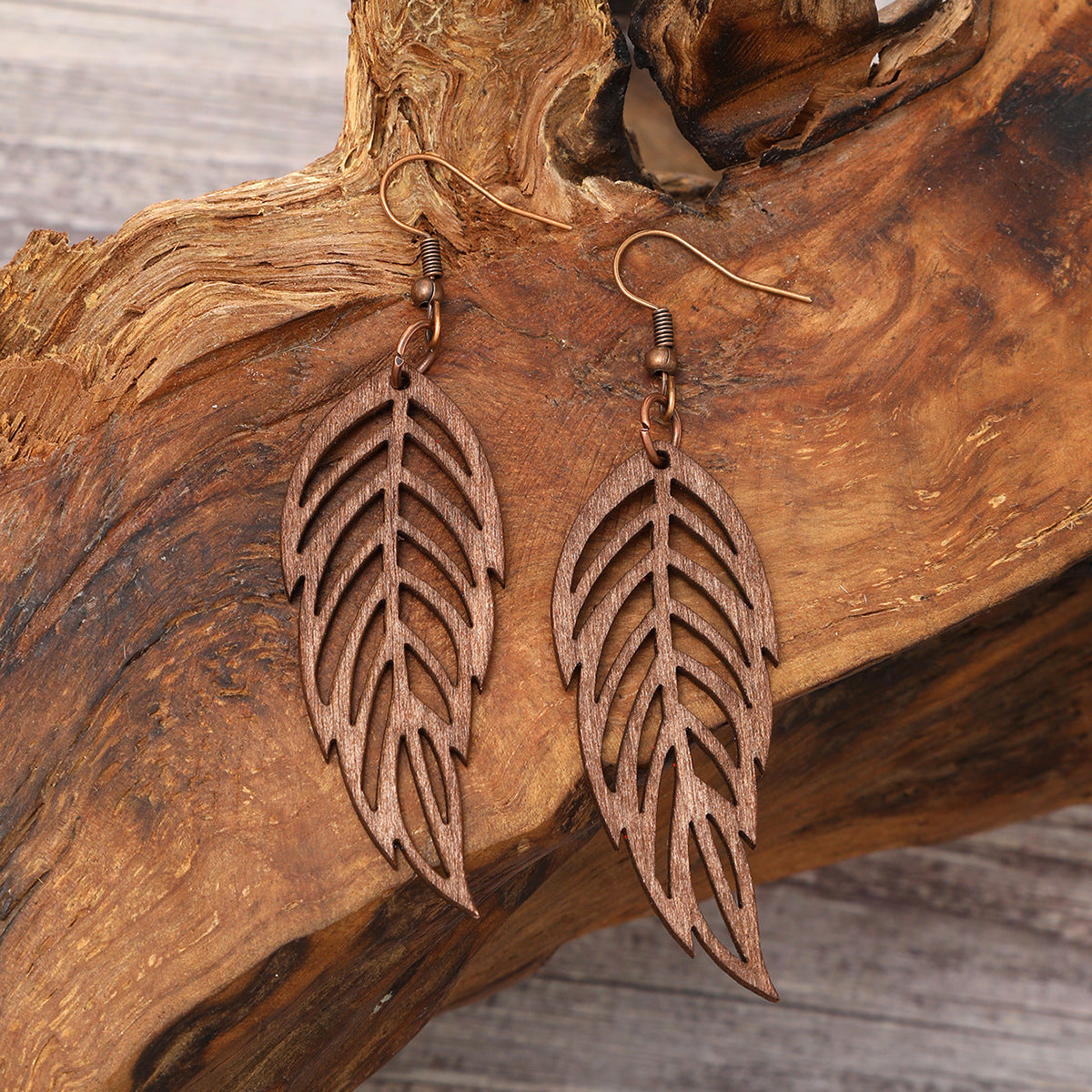 Wholesale  Retro Feather Leaf Shape Wooden Earrings
