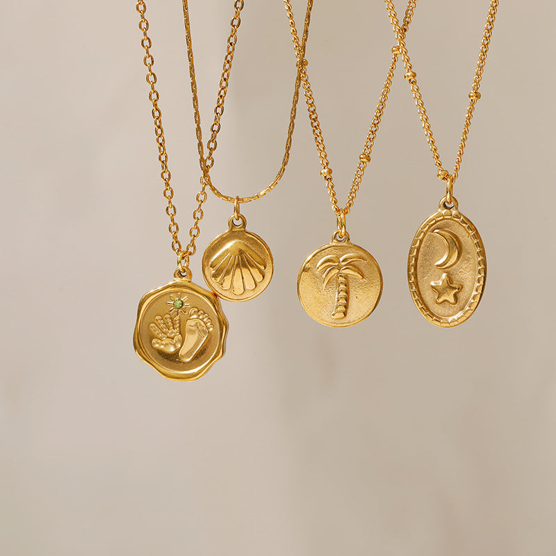 Wholesale Retro Pendant Star Moon Coconut Tree Stainless Steel 18K Gold  Necklace