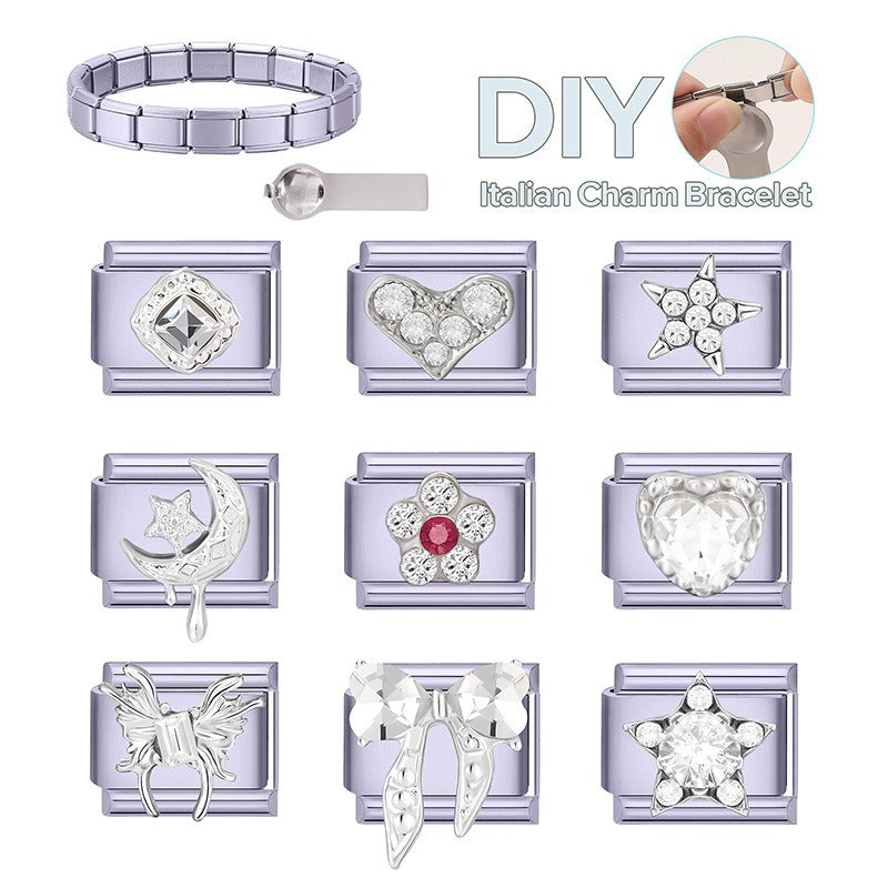 Wholesale Italian Style DIY Bracelet Set with Purple Hearts Stars Bowknot Crystal Pendant for Boutique Resale