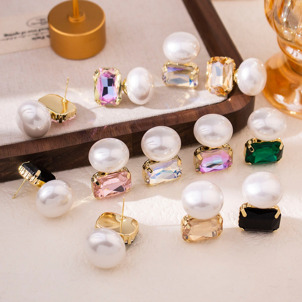 Wholesale Silver Needle  Zircon Large Pearl Earrings Retro Light Luxury Colorful  Earrings