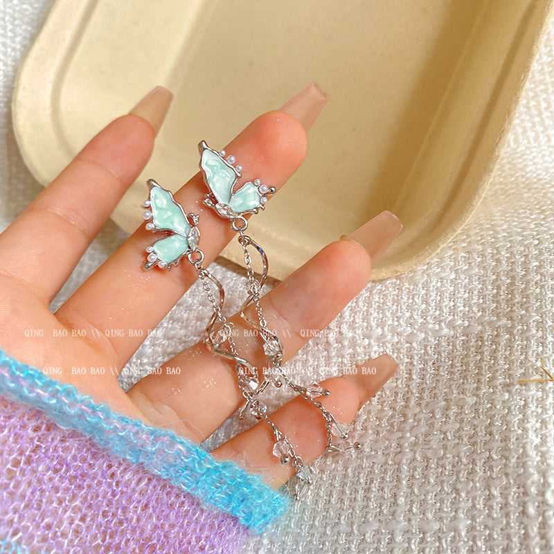 Wholesale Shiny Pearl Bow Tassel Butterfly Copper S925 Silver Needle Earrings Pearl Earrings Bow Earrings ACC-ES-LvSha003