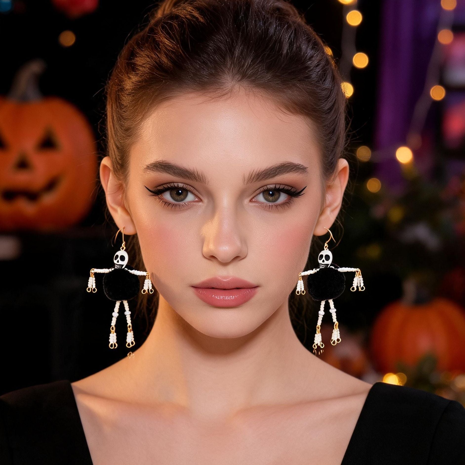 Wholesale Acrylic Skull Robot Dangle Earrings with Pom Poms Party Wear Jewelry Accessory