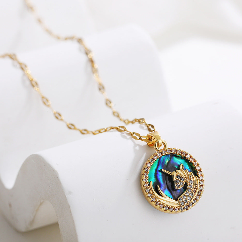 Wholesale abalone shell love unicorn clavicle chain retro stainless steel necklace