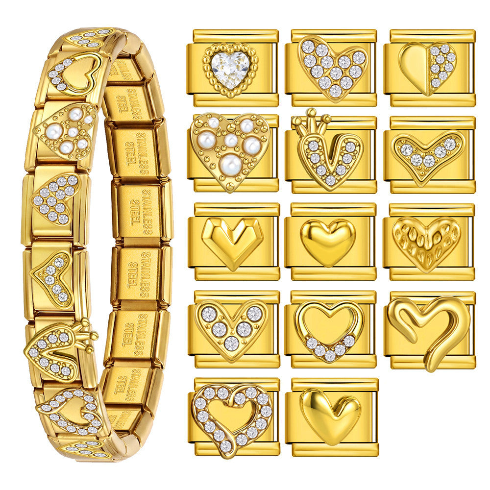 Wholesale Chic Gold Tone Stainless Steel Heart Rhinestone Modular Bracelet DIY Elastic Bangle Fashion Accessory For Resale Party