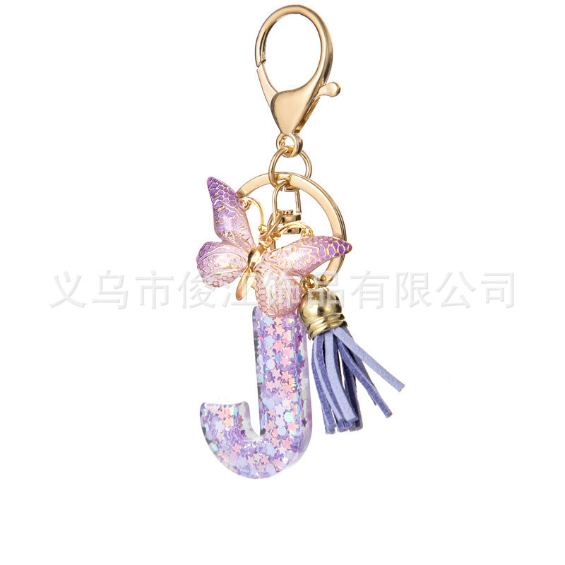 Wholesale Purple Star Tassel Resin Keychain 26 English Letters Bag Charm For Women Students Fashion Decorative Accessory