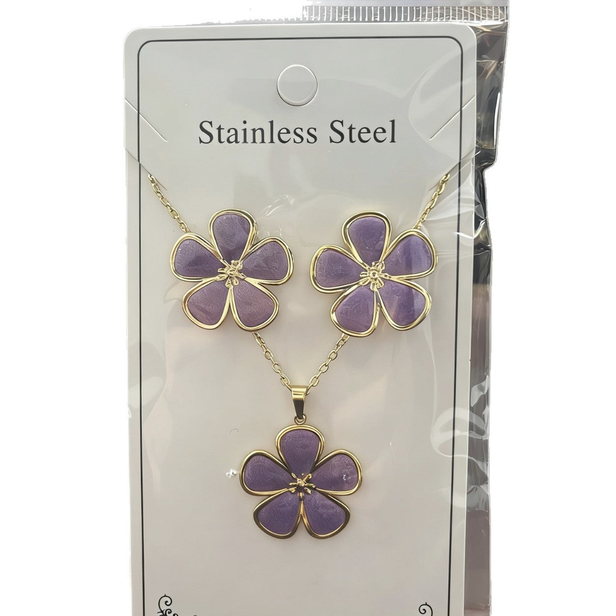 Wholesale Stainless Steel Flower and Teardrop Enamel Earrings and Necklace Set