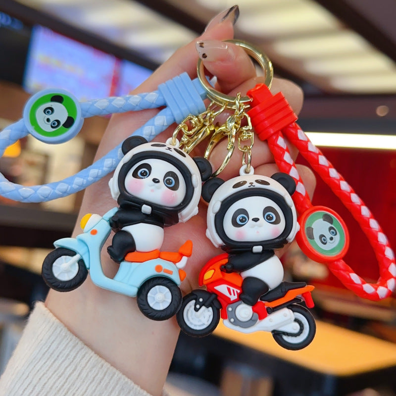 Wholesale Cute Motorcycle Panda PVC Keychain Cartoon Bag Charm Gift For Couples Resale