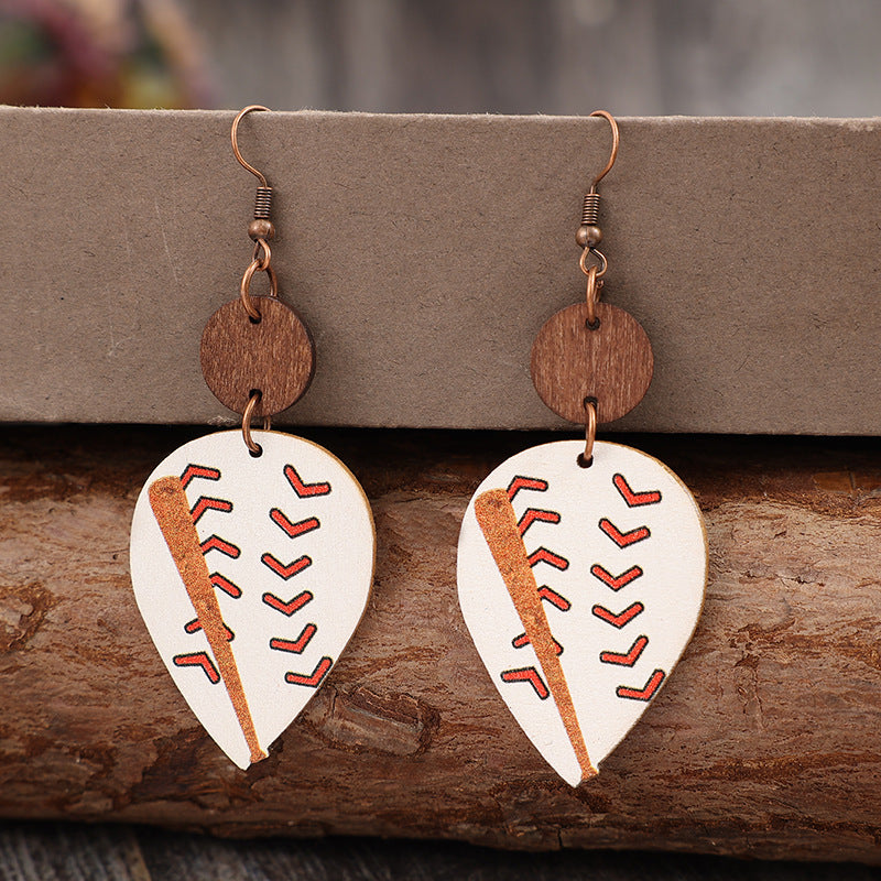 Wholesale Sports style teardrop-shaped printed baseball stitching wooden earrings
