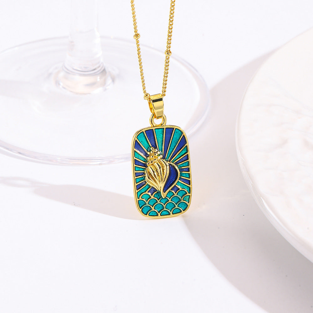 Wholesale square color dripping copper love conch shell eye moon jellyfish tarot pendant necklace
