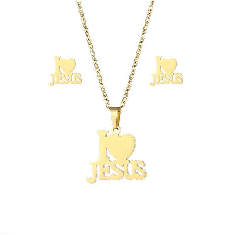 Wholesale 304 Stainless Steel I LOVE JESUS Necklace and Earrings Set ACC-ES-MinM004