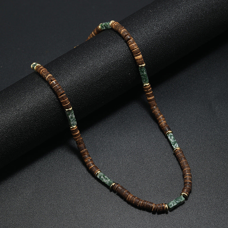 Wholesale Vintage Bohemian Summer Brown nut Shell Wood Bead Natural Stone Necklace for Men