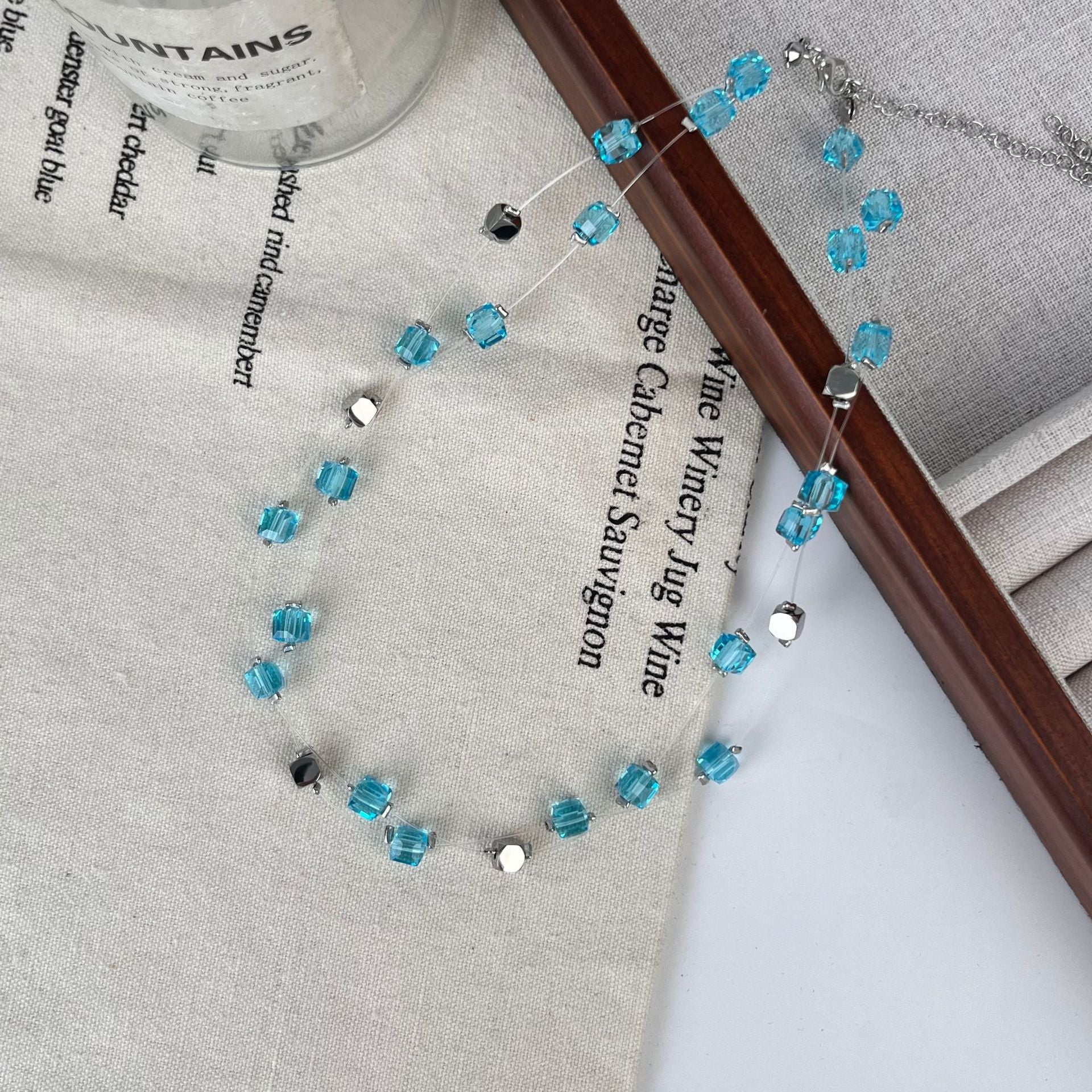 Wholesale Dopamine necklace beaded blue pink square sweater chain