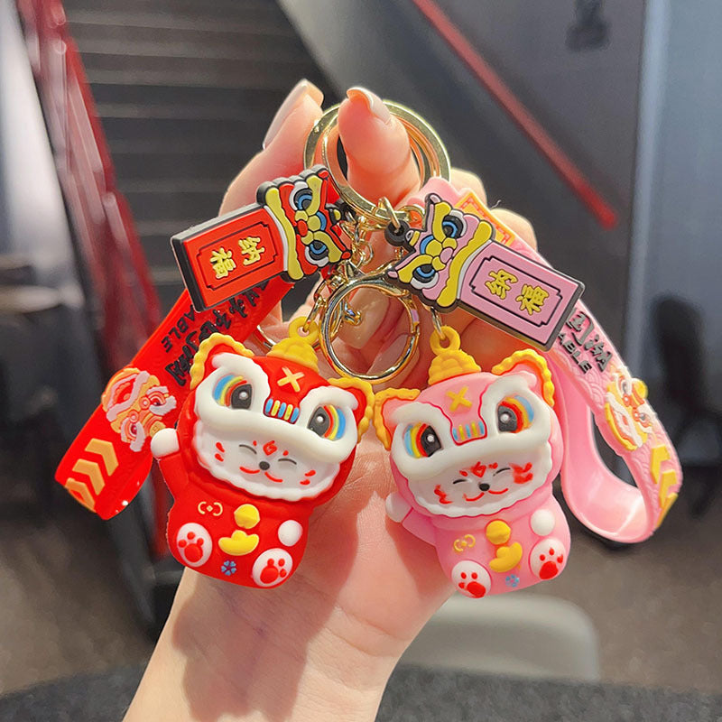Wholesale Trendy Lion Dance Lucky Cat 3D PVC Keychain Cartoon Bag Car Hanging Ornament Decorative Gift Resale