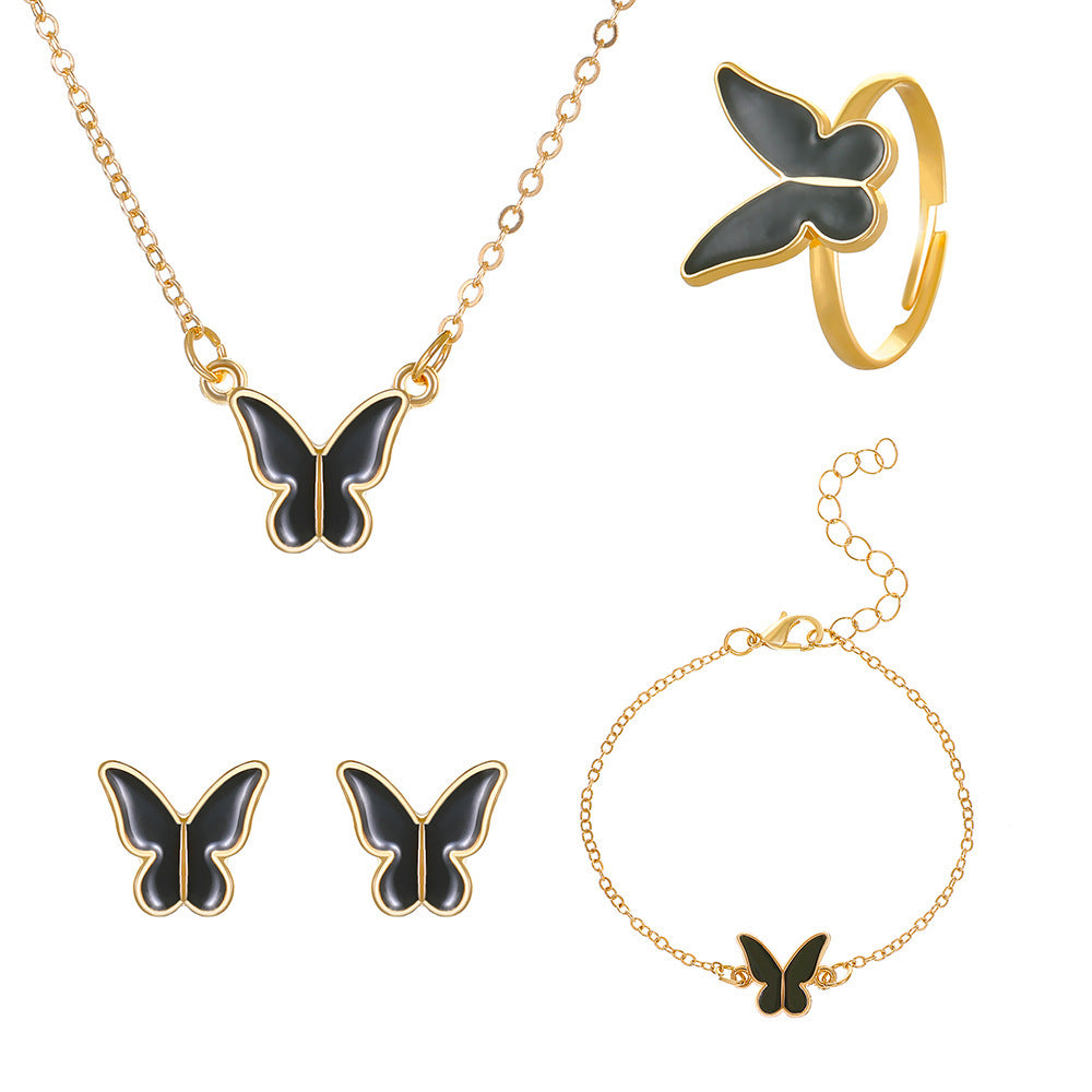 Wholesale Butterfly Jewelry Set Black Oil Drop Butterfly Necklace Earrings Ring Bracelet ACC-NE-meih004
