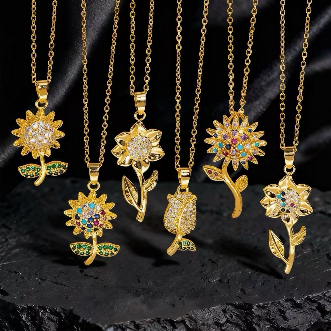 Wholesale Gold Plated Copper Zircon Sunflower Necklace Layering Jewelry For Women Trendy Party Fashion Accessory Everyday Wear Boutique Resale