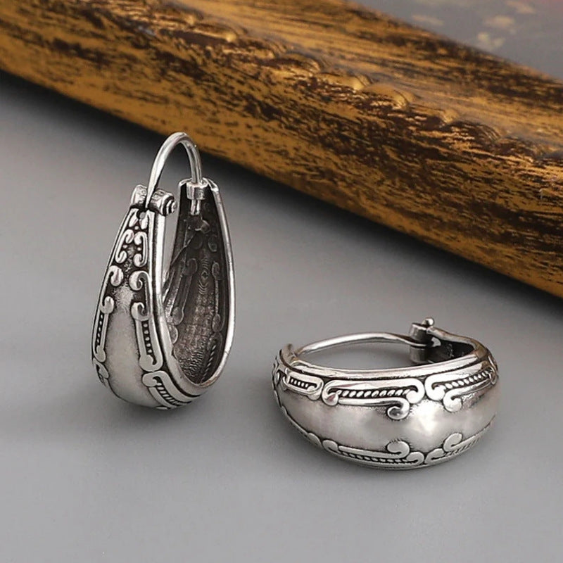 Wholesale Retro Carved Pattern Tassel Earrings Ancient Silver Alloy Ethnic Style Women S Chic Party Jewelry Accessory