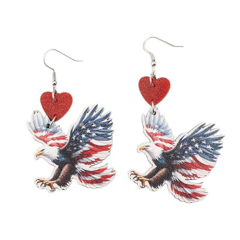 Wholesale American Independence Day Eagle Print American Flag Heart Stitching Wooden Earrings