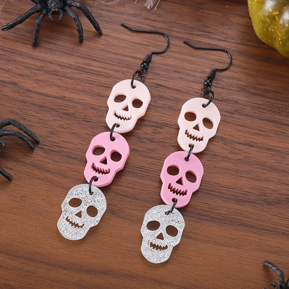 Wholesale Halloween Skull Sequins Triple  Pendant Acrylic Earrings