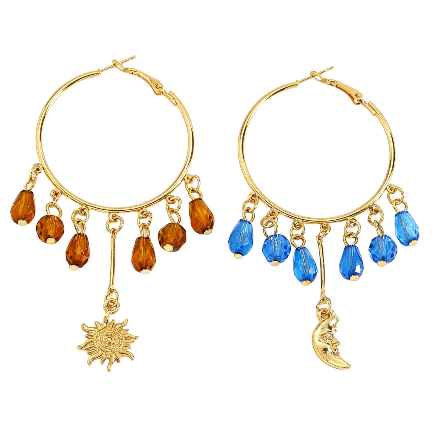 Wholesale Gold Plated Hoop Earrings Teardrop Crystal Tassel Sun Moon Design Ethnic Style Jewelry For Women