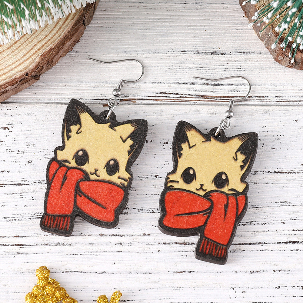 Wholesale Christmas cute red f cat pendant earrings wooden double-sided