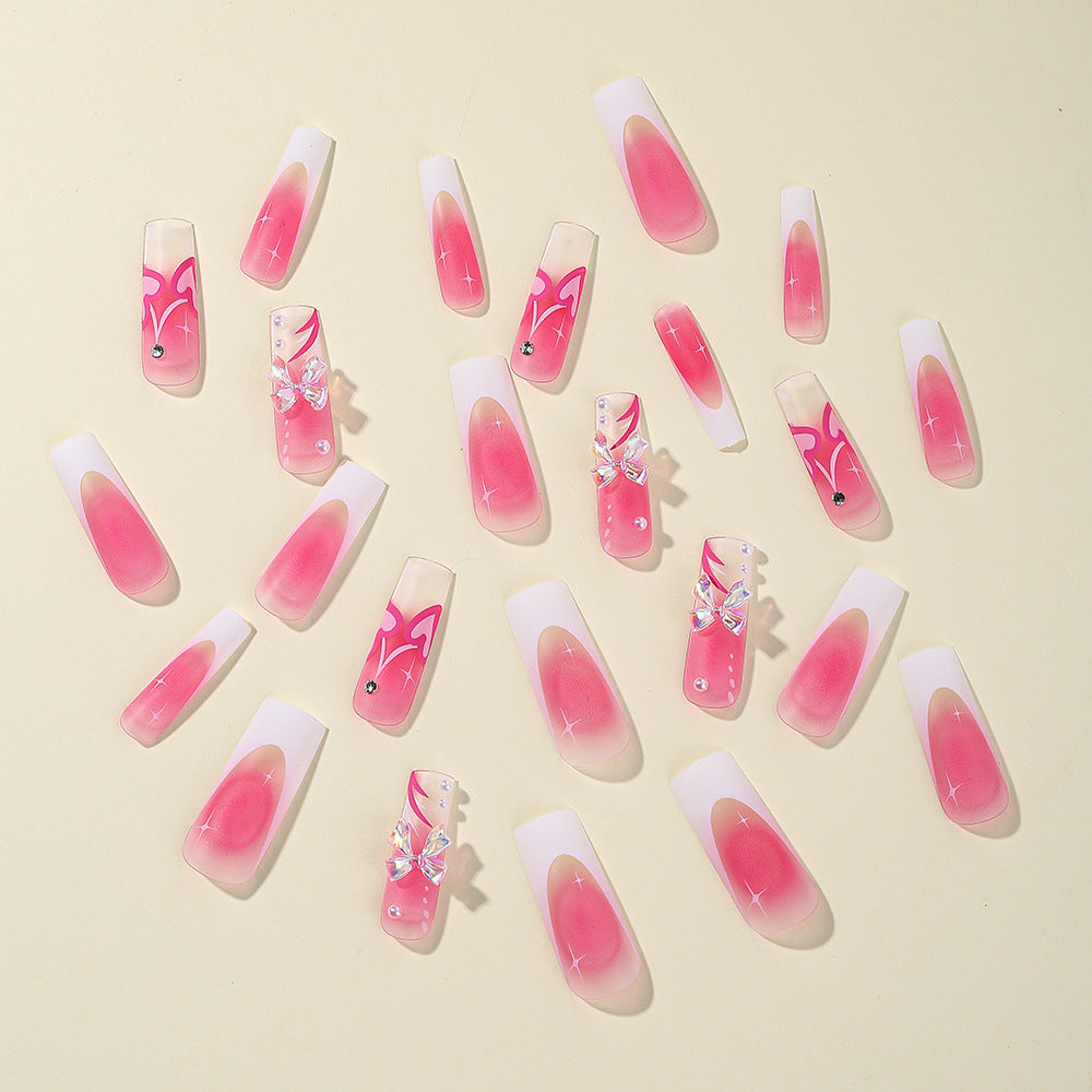 Wholesale 24 Pieces/box Pink Gradient Bow Press-on Nails Kits Nail Stickers ACC-NS-SanWei005