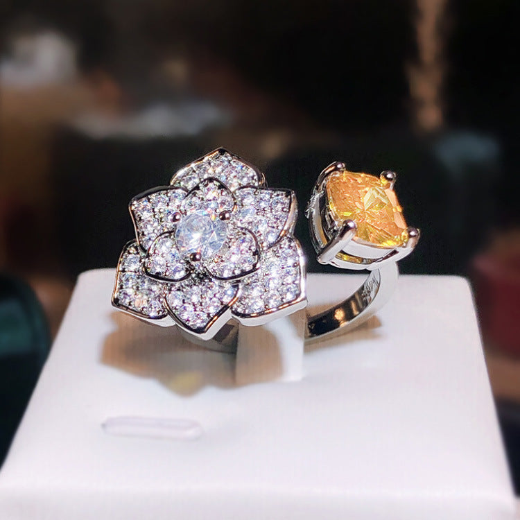 Wholesale  Golden zircon flower rose flower full diamond  ring